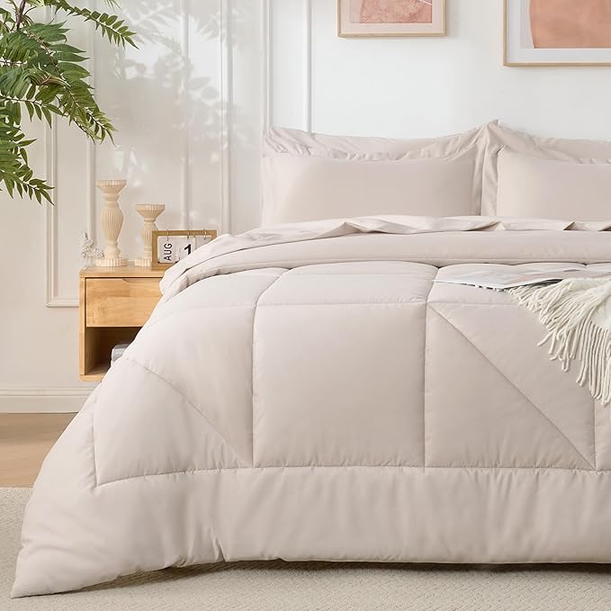 5 Pieces Twin Comforter Set - Utral Soft Microfiber Bedding Set, Thick Duvet Insert Bed in a Bag Without Rustling Noise for All Season, Beige (68"x88")