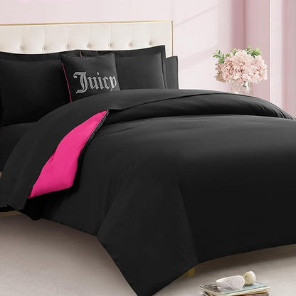 Juicy Couture Alexis Reversible Comforter Set, King Bed in a Bag – Black/Hot Pink, 8-Piece Bedding Collection