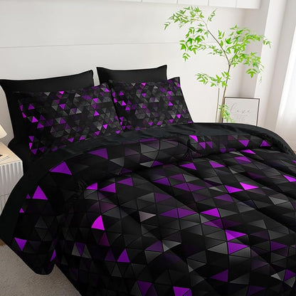 Geometric Violet Black Triangle King Size Comforter Set,Light Honeycomb Bedding Set 7 Piece in A Bag,Bed Sheet Set Geometry Decor,Microfiber Lightweight All Season