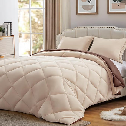 NexHome King Size Comforter Set Brown&Ivory, 3 Pieces Lightweight Reversible Comforter King Size, All Season Fluffy Down Alternative Comforter Bed Set Quilt Blanket(102x90 In Comforter & 2 Pillowsham)