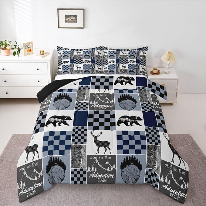 Adult Cabin Comforter Set Twin, Retro Rustic Lodge Bedding Set Bear Deer Elk Duvet Insert Country Checkered Buffalo Plaid Patchwork Down Comforter Christmas Deer Decorations Indoor, Blue Grey