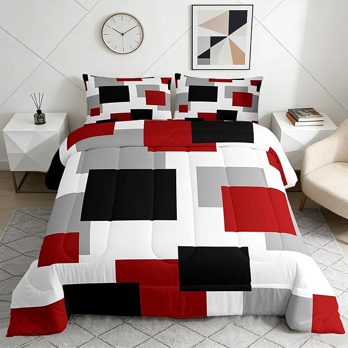 Castle Fairy Red Black White Bed Comforter Set Queen Size,Modern Abstract Super Soft Microfiber Bedding Set for Adults Men,Geometric Grid Square Splicing Decorative Comforter Set,3 Pcs