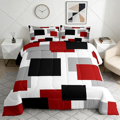 Castle Fairy Red Black White Boys Kids Comforter Set Full Size,Modern Abstract Duvet Set Room Decor,Geometric Grid Square Splicing Brushed Microfiber Soft Bedding Comforter 3 Pcs