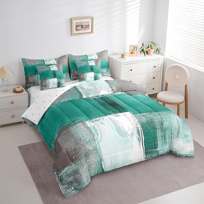Light Green White Grey King Comforter Set 7-Piece Aesthetic Bed in a Bag, Gradient Bedding Comforter Sets Modern Bedding Set (Comforter, Fitted Sheet, Flag Sheet, Pillowcase, Throw Pillow Cover)