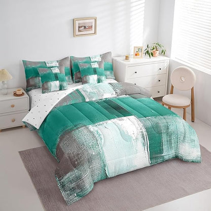 Light Green White Grey King Comforter Set 7-Piece Aesthetic Bed in a Bag, Gradient Bedding Comforter Sets Modern Bedding Set (Comforter, Fitted Sheet, Flag Sheet, Pillowcase, Throw Pillow Cover)