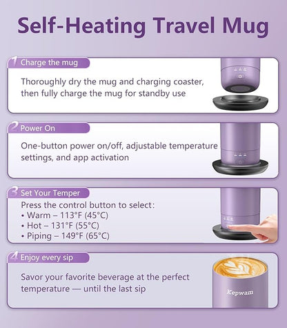 Kepwam T3 Self-Heating Travel Mug 20oz, Temperature-Controlled Coffee Warmer Mug, Smart Travel Coffee Mug Keep Coffee Drinks Hot, Heated Mug Great for Driver Outdoor Fits Car Cup Holders