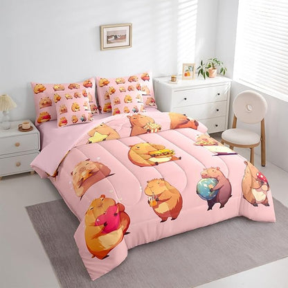 Erosebridal Funny Capybaras 7 Pieces Bedding Set Full,Capybara Lover Bed in a Bag,Cartoon Rodents Bed Set Includes Comforter,Sheet Set,Pillowcases & Pillow Covers,Pink Khaki Capybara Bedroom Decor