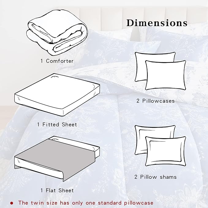 Flysheep Botanical Bed in a Bag King Size 7 Pieces, Reversible Blue and White Flower Printed Comforter Bedding Set (1 Comforter, 1 Flat Sheet, 1 Fitted Sheet, 2 Pillow Shams and 2 Pillowcases)