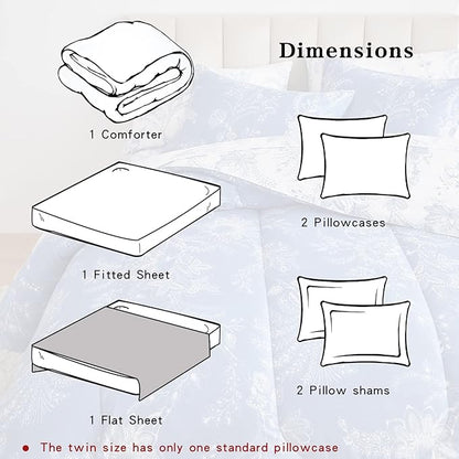 Flysheep Botanical Bed in a Bag King Size 7 Pieces, Reversible Blue and White Flower Printed Comforter Bedding Set (1 Comforter, 1 Flat Sheet, 1 Fitted Sheet, 2 Pillow Shams and 2 Pillowcases)