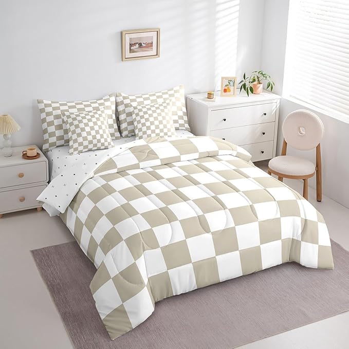 Feelyou Checkered 7 Piece Bedding Set Teen Women Men Beige Plaid Comforter Set with Sheets Full Size Kids Boys Cute Retro Neutral Checkerboard Geometric Bed in a Bag Vintage Aesthetic Room Decor
