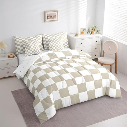 Feelyou Checkered 7 Piece Bedding Set Teen Women Men Beige Plaid Comforter Set with Sheets Full Size Kids Boys Cute Retro Neutral Checkerboard Geometric Bed in a Bag Vintage Aesthetic Room Decor