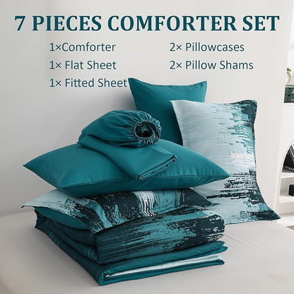 WONGS BEDDING Comforter Set Queen,Teal Green 7 Pieces Bed in a Bag Colorful Abstract Art Gradient Comforter Soft Microfiber Bedding Set with Comforter,Flat Sheet,Fitted Sheet,Pillow Shams,Pillowcases