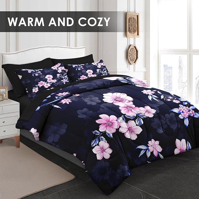Comforter Set Twin Size, Navy Blue Pink Flower 5 Pcs Bedding for Kids and Adults, Floral Summer Vintage Bed Sheet Sets with Fitted Sheet Pillowcase & Sham for Bedroom Bed Decor