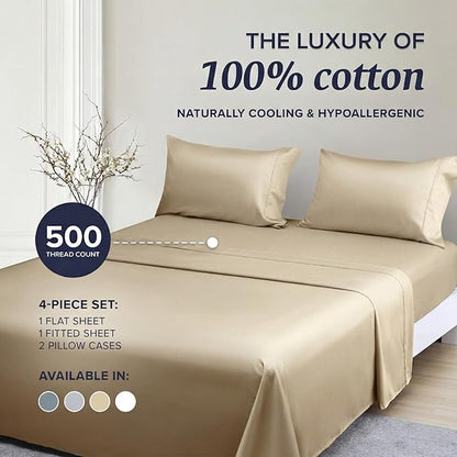 Beckham Hotel Collection Full Sheet Set 100% Cotton, 500TC Luxury Sateen Bedding, 16” Deep Pocket, Moisture-Wicking, 4-Piece, Sand