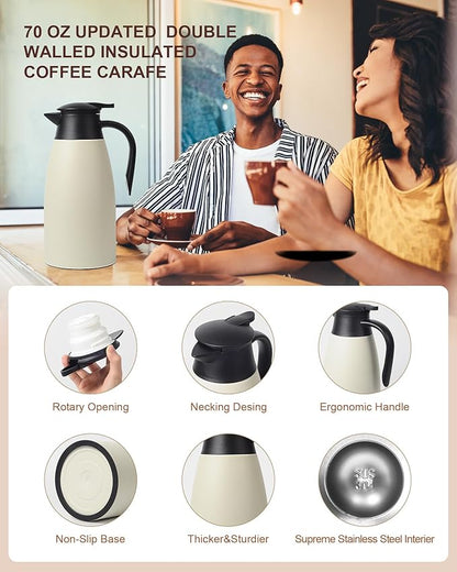 70 Oz Stainless Steel Coffee Carafe, Keeps Hot Beverages for 12 Hours, Double Walled Vacuum Insulated Carafe (White)