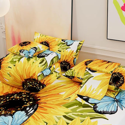 6 Pieces Sunflower Comforter Sets,3D Pattern with Sunflower Blue Butterflies,Decorative 6 Piece Bedding Sets with Comforter,Flat Sheet,Fitted Sheet,Throw Pillow Cover,Pillow Shams,King Size