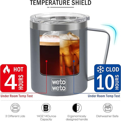 WETOWETO 14 oz Coffee Mug, Vacuum Insulated Camping Mug with Lid, Double Wall Stainless Steel Travel Tumbler Cup, Coffee Mugs Outdoor, Powder Coated Cool Grey