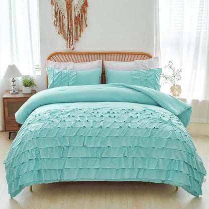 PERFEMET Boho Teal Comforter Set, 3 Pieces Girls Twin Bedding Set, Multi Layers Ruffle Bed Set for Kids Teens, Washed Microfiber Farmhouse Princess Bedding Comforter Sets (Teal,Twin)