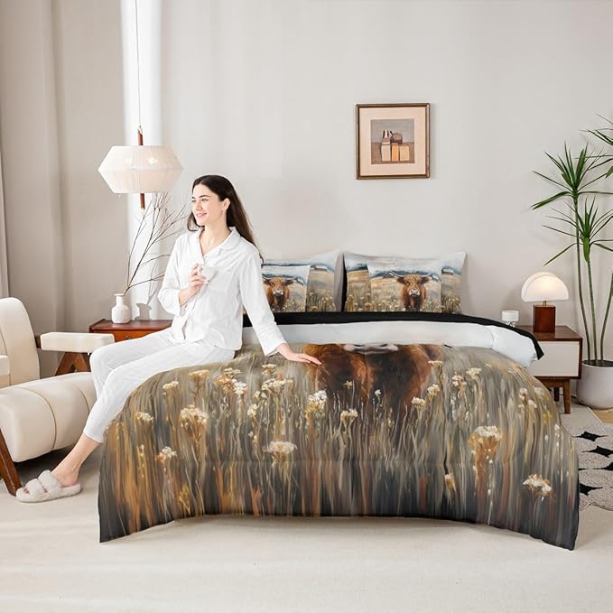 Erosebridal Brown Cow Print Queen Bedding Set - Western Highland Bull Bed in A Bag,Rustic Flowers Floral Decor Comforter Sets with Sheets, Farmhouse Country Style 7 Pieces Bed Set Bedroom Decor