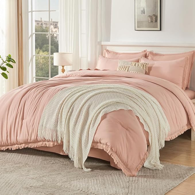 Andency Oversized King Comforter Set with Sheets 128x120 Pink - 7 Pieces Bed in a Bag Boho Soft Lightweight Bedding Sets, Tassel Bed Set with Comforter, Sheets, Pillowcases & Shams