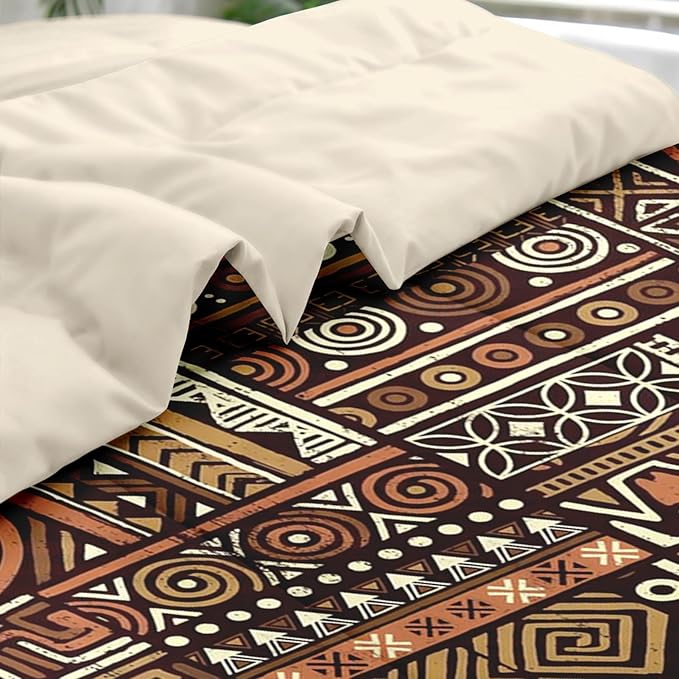 Comforter Set Twin Size, Vintage Tribal African 5 Pcs Bedding for Kids and Adults, Brown Abstract Patchwork Bed Sheet Sets with Fitted Sheet Pillowcase & Sham