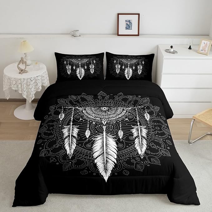 Erosebridal Dream Catcher Comforter Set Queen Size, Boho Feather Bedding Set, Mandala Quilt Set for Kids Boys Girls Teens, Arrow Geometric Aztec Duvet Set, Black White Bedroom Decor