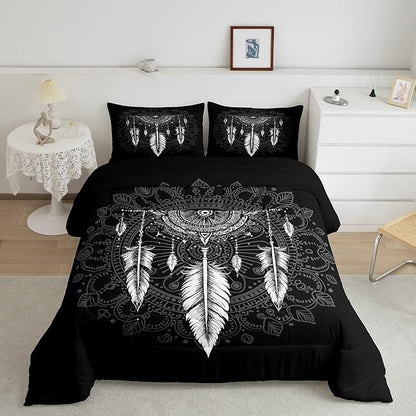 Erosebridal Dream Catcher Comforter Set Twin Size, Boho Feather Bedding Set, Mandala Quilt Set for Kids Boys Girls Teens, Arrow Geometric Aztec Duvet Set, Black White Bedroom Decor