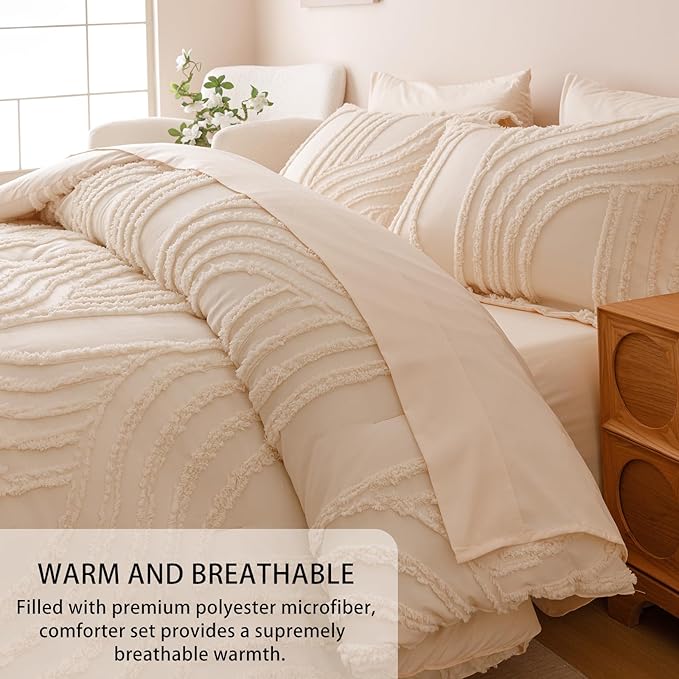 Beige King Comforter Set - 7 Pieces Bed in a Bag, Premium Comforters King Size Bed Set Tufted Shabby Chic Bedding Comforter Set with Flat Sheet, Fitted Sheet and Pillowcases,Beige
