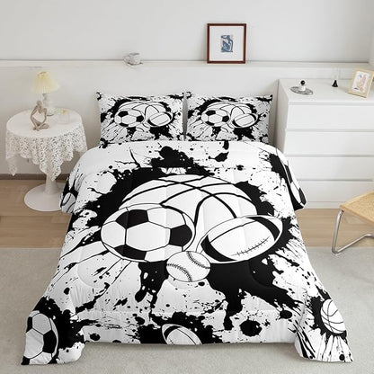 Feelyou Football Comforter Set Queen Size Baseball Comforter for Boys Girls Teens Sports Game Bedding Set Rugby Sports Duvet Set Room Decor White Balck Mixed Ball Quilt Set