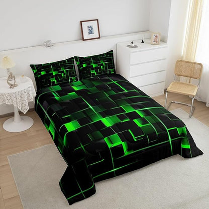Erosebridal Green Black Comforter Set Full Size Neon Geometric Kids Bedding Set 3 Pcs Honeycomb Bed Sets Modern Quilt,1 Comforter 2 Pillow Cases Cool Room Decor, Bside Black