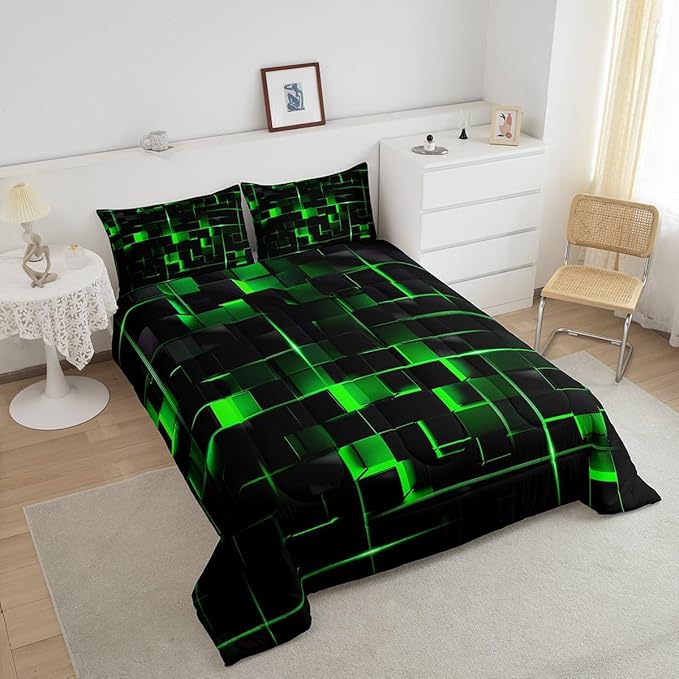 Erosebridal Green Black Bedding Set Queen Size Neon Geometric Kids Comforter Set 3 Pcs Honeycomb Bed Sets Modern Quilt,1 Comforter 2 Pillow Cases Cool Room Decor, Bside Black