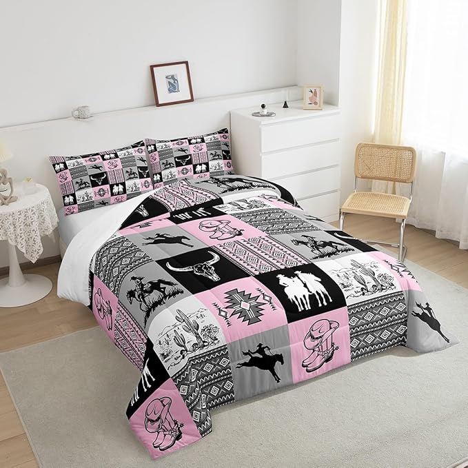 Western Comforter Set Queen Size,Cowgirl Bull Skull Cactus Print Bedding Set,Grey Pink Patchwork Plaid Striped Quilt Set for Kids Girls Women Boys Room Decor,Rustic Country Duvet Insert 3Pcs