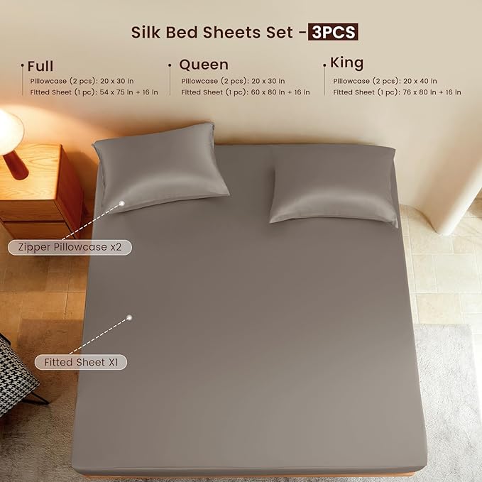 THXSILK Luxury Mulberry Silk Fitted Sheet Set 3 Pcs, Full Silk Bed Sheet Set with 16" Deep Pockets, Soft & Cooling Sheets, 1 Fitted Sheet, 2 Pillowcases with Zipper Closure - Charcoal