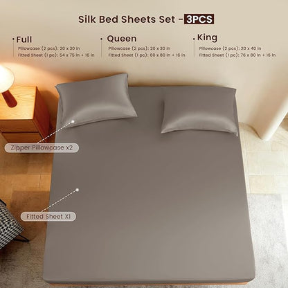 THXSILK Luxury Mulberry Silk Fitted Sheet Set 3 Pcs, Full Silk Bed Sheet Set with 16" Deep Pockets, Soft & Cooling Sheets, 1 Fitted Sheet, 2 Pillowcases with Zipper Closure - Charcoal