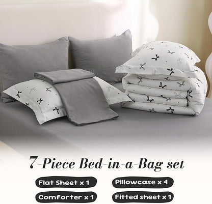 7 Pieces Black Bow Comforter Set for Girls Kids Soft Fluffy Bedding Set Queen Size Bed in A Bag as Gifts (1 Comforter, 1 Flat Sheet, 1 Fitted Sheet, 2 Pillowcase and 2 Pillow Sham)