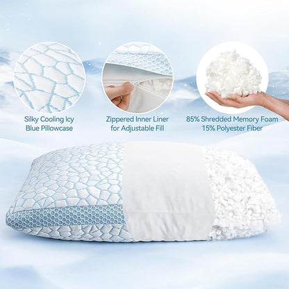 QUTOOL Double Sided Cooling Pillow for Hot Sleepers, Shredded Memory Foam Pillows Standard Size Set of 2, Adjustable Soft & Firm Gel Bed Pillow for Side, Back, Stomach Sleepers