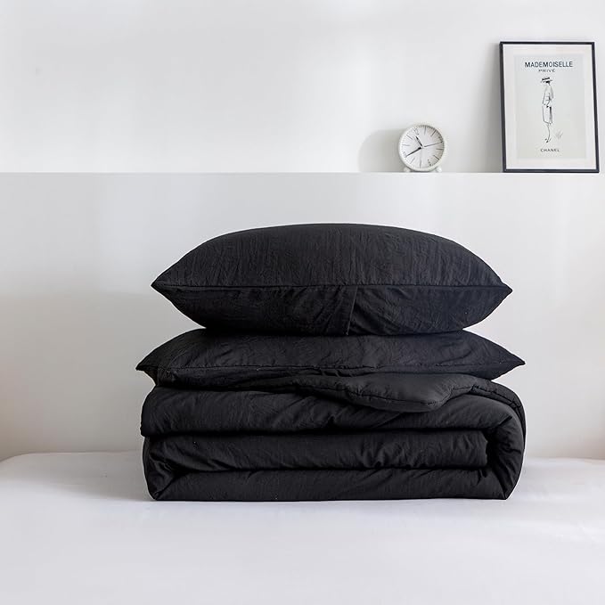 COTTEBED Solid Chic Black Comforters Sets Queen Size Bedding - 3 Pieces Lightweight Silky Soft Cozy Washed PolyCotton Microfiber - 1 Down Alternative Conforter with 2 Pillow Sham All Season,Queen/Full