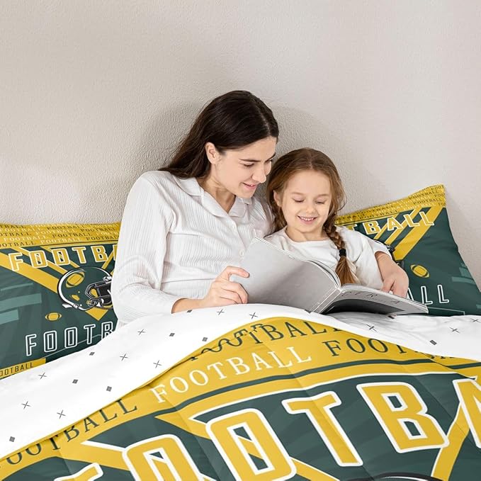 Feelyou Football Bedding Set Boys Girls Toddler Size Women Men Football City Comforter Rugby Sports Duvet Quilt Green Yellow Room Decor