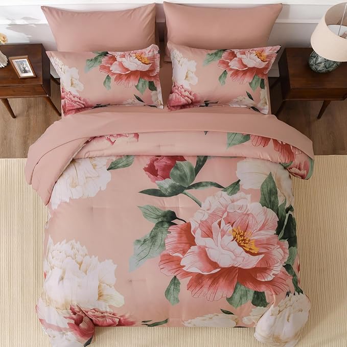 Dobuyly King Size Comforter Set Coral Pink 7 Piece Bed in a Bag, Pink Floral Bedding Set for Girls Women, Soft Microfiber Bed Set with Comforter, Sheets, Pillowcases & Shams