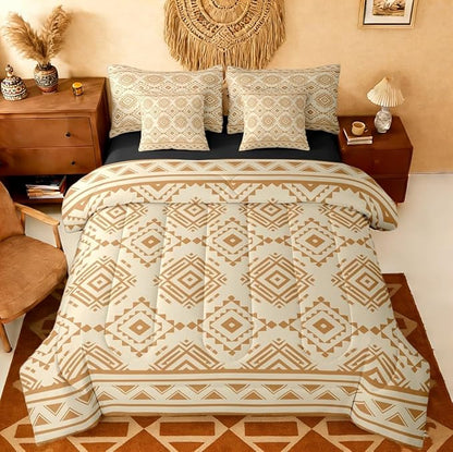 Erosebridal Rustic Western Bed in A Bag 7 Pcs Southwestern Vintage Country Comforter Set for Women Men Retro Brown Geometric Bedding Sets King Exotic Boho Aztec Sheet Set with Comforter
