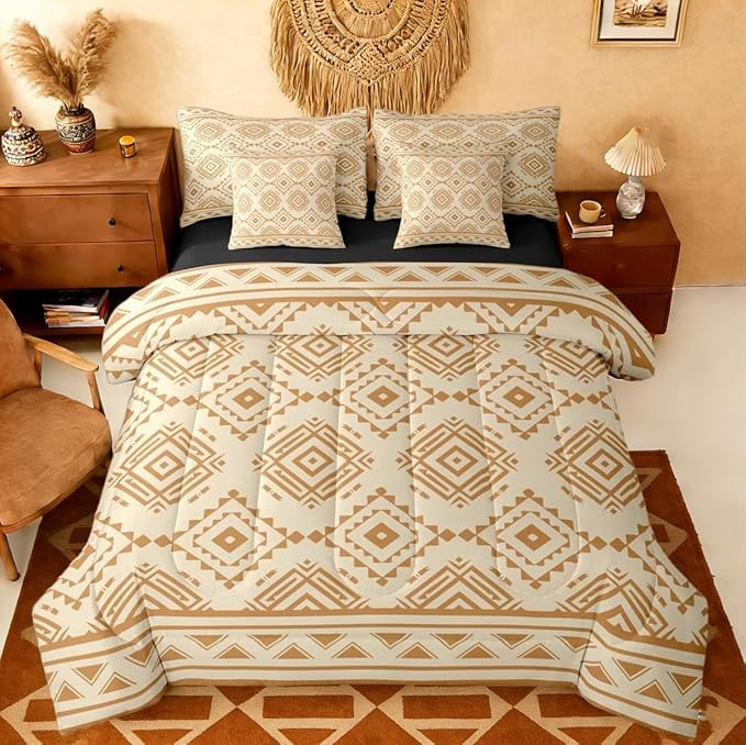 Erosebridal Rustic Western Bed in A Bag 7 Pcs Southwestern Vintage Country Comforter Set for Kids Teens Retro Brown Geometric Bedding Sets Queen Exotic Boho Aztec Sheet Set with Comforter