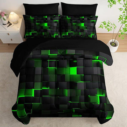 Geometric Green Black King Comforter Set,Light Honeycomb Bedding Set 7 Piece in A Bag,Bed Sheet Set Geometry Decor,Microfiber Lightweight All Season