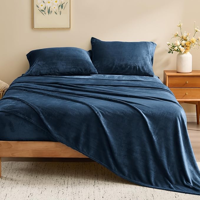 BEDELITE Flannel Sheets Queen Size Navy - Super Soft Fleece Sheets Set Fluffy Extra Plush, 4 Piece(Include Fitted Sheet, Flat Sheet, 2 Pillowcases)