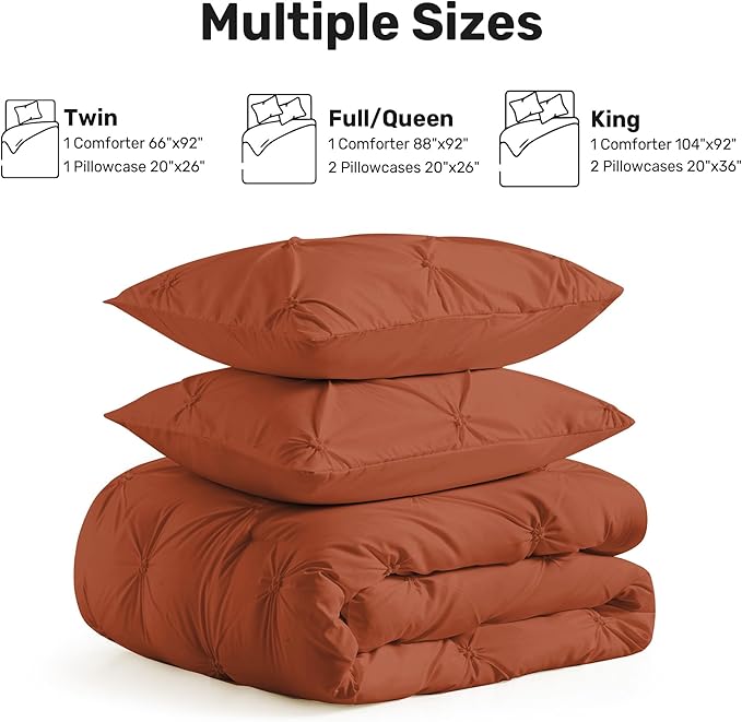 UNIKOME Queen Comforter Set Burnt Orange - Ultra Soft Boho Pintuck Down Alternative Bedding Set for All Seasons, 3 Pieces Lightweight Warm Pinch Pleat Bed Set with Comforter, 2 Pillowcases