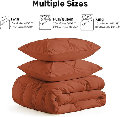 UNIKOME Queen Comforter Set Burnt Orange - Ultra Soft Boho Pintuck Down Alternative Bedding Set for All Seasons, 3 Pieces Lightweight Warm Pinch Pleat Bed Set with Comforter, 2 Pillowcases