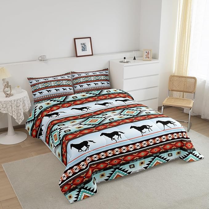 Feelyou Kids Western Decor Comforter Set Southwestern Bedding Set Toddler Size Bedroom Decor Galloping Horse Wild Western Cowboy Geometric Comforter Green Red Duvet Set with 1 Pillow Case