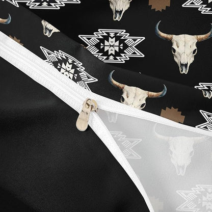Feelyou Black Bull Skull Comforter Set Queen Size Kids Western Aztec Duvet Quilt for Boys Girls Teens Southwestern Bohemian Boho Wild Cowboy Tribal Rustic Bedding Set Soft Room Decor 3Pcs
