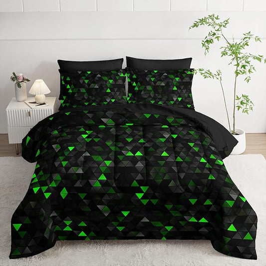 Geometric Green Black Triangle Queen Size Comforter Set,Light Honeycomb Bedding Set 7 Piece in A Bag,Bed Sheet Set Geometry Decor,Microfiber Lightweight All Season