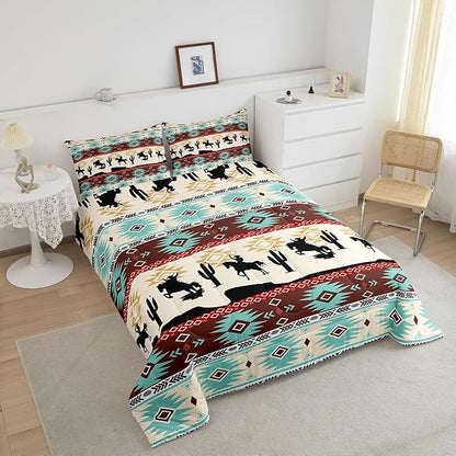 Feelyou Boho Comforter Set Twin Size Horses Comforter Southwestern Native Aztec Bedding Set Farmhouse Wildlife Duvet Set Room Decor Beige Blue Quilt Set