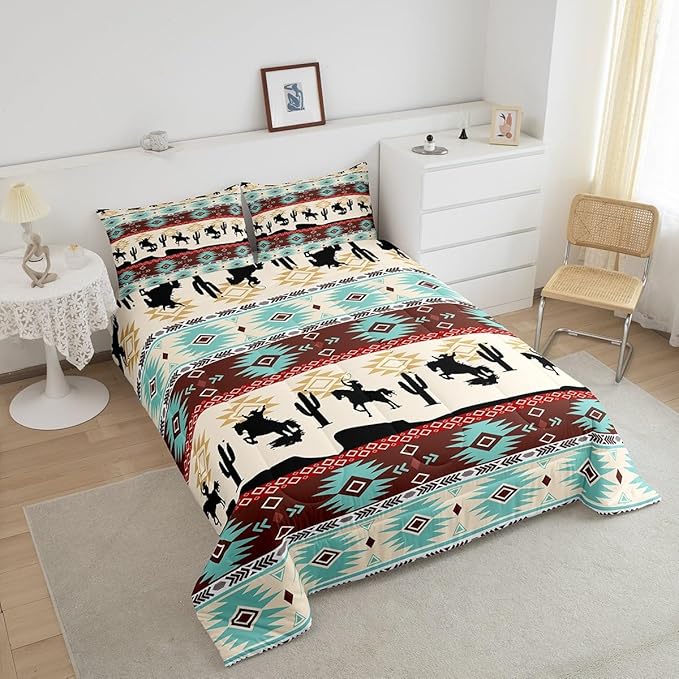 Feelyou Boho Comforter Set Full Size Horses Comforter Southwestern Native Aztec Bedding Set Farmhouse Wildlife Duvet Set Room Decor Beige Blue Quilt Set